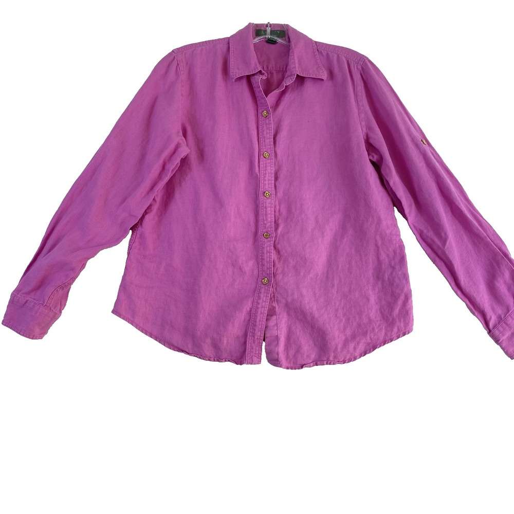 Lauren Ralph Lauren 100% Linen Shirt Sz Petite Small Pink Roll Tab Sleeve Coasta